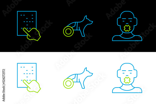 Set line Head of deaf and dumb, Braille and Dog in wheelchair icon. Vector