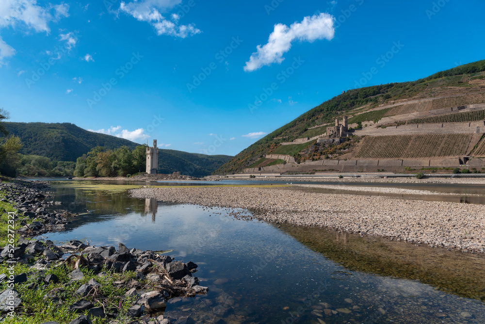 Rhine near Bingen in Rhineland-Palatinate with extremely low water in drought summer 2022