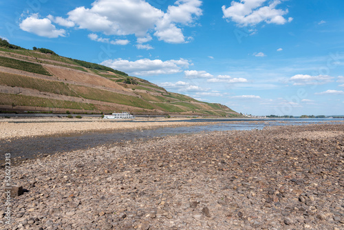 Rhine near Bingen in Rhineland-Palatinate with extremely low water in drought summer 2022