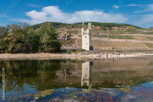Rhine near Bingen in Rhineland-Palatinate with extremely low water in drought summer 2022