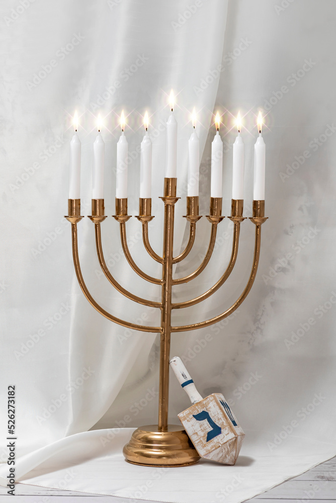 Jewish Hanukkah Menorah 9 Branch Candlestick, dreidel. Holiday Candle Holder,  dreidl. Nine-arm candlestick. Traditional Hebrew Festival of Lights  candelabra. Background for design with copy space Stock Photo | Adobe Stock