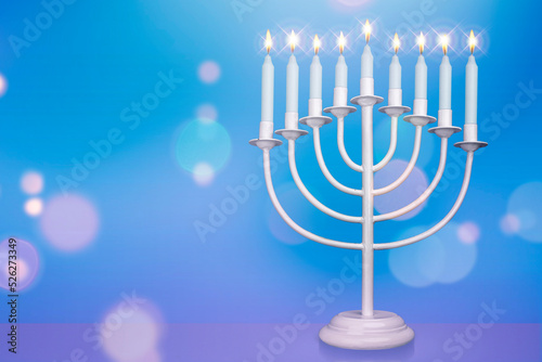 Jewish Hanukkah Menorah 9 Branch Candlestick. Holiday Candle Holder. Nine-arm candlestick. Traditional Hebrew Festival of Lights candelabra. Background for design with copy space