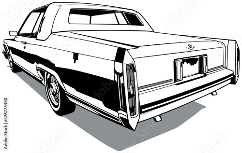 Drawing of a Classic Vintage Car American Limousine from Rear View - Black and White Illustration Isolated on White Background, Vector photo