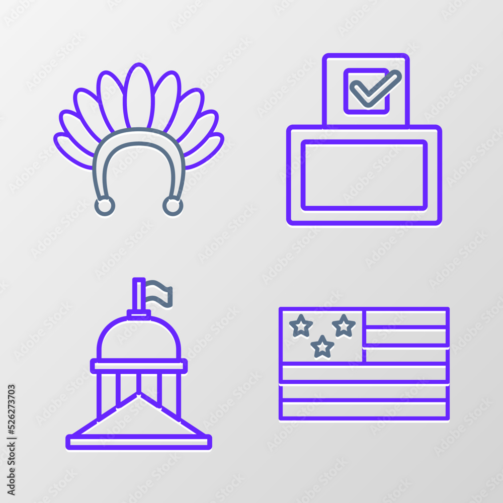 Fototapeta premium Set line American flag, White House, Vote box and Indian headdress with feathers icon. Vector