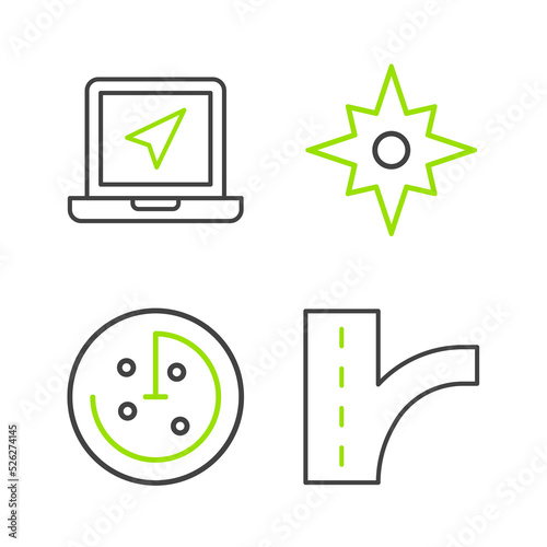 Set line Road traffic sign, Radar with targets on monitor, Wind rose and Laptop location marker icon. Vector