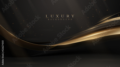 Obraz na plátně Black luxury background with golden ribbon elements and glitter light effect decoration and stars