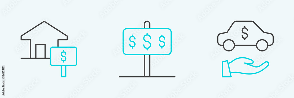 Set line Car rental, House with dollar and icon. Vector Set line Car rental, House with dollar and icon. Vector