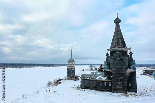wooden church winter top view, landscape russian north architecture © kichigin19