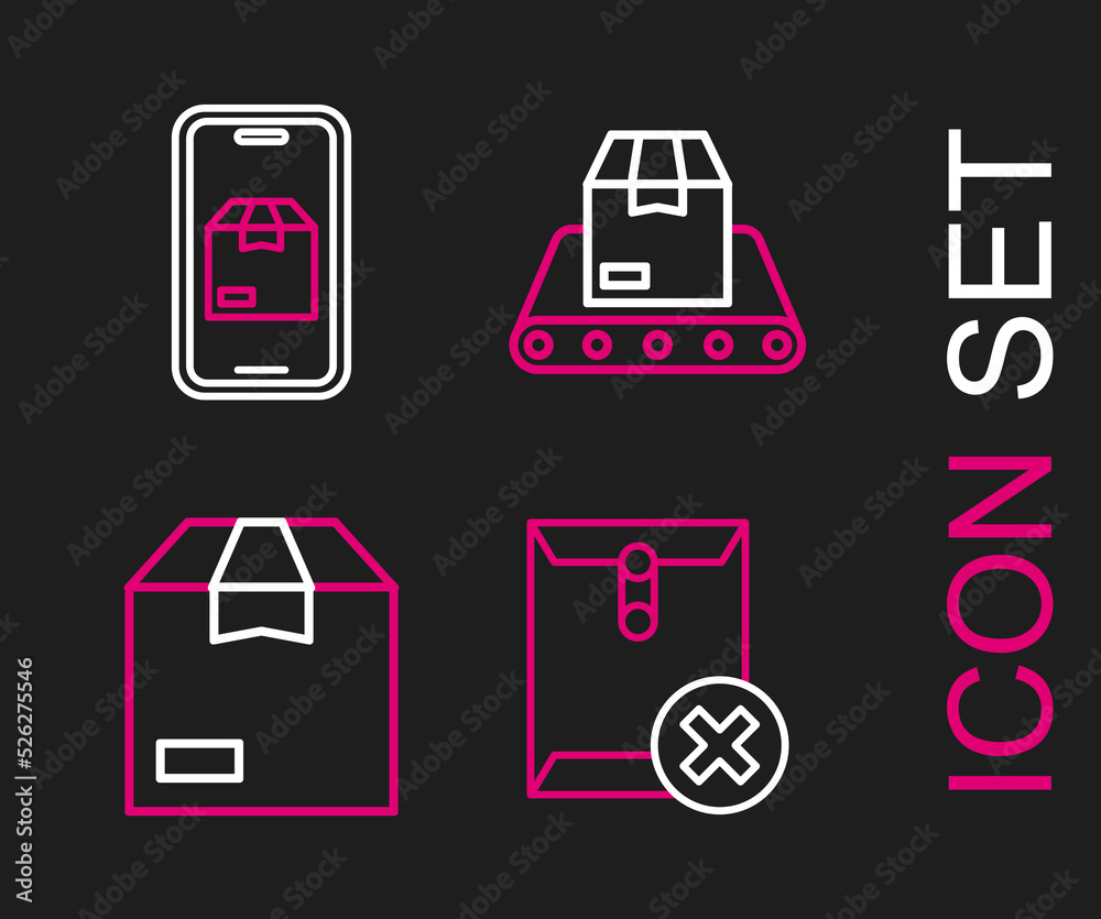 Set line Delete envelope, Carton cardboard box, Conveyor belt with and Mobile app delivery tracking icon. Vector Set line Delete envelope, Carton cardboard box, Conveyor belt with and Mobile app delivery tracking icon. Vector