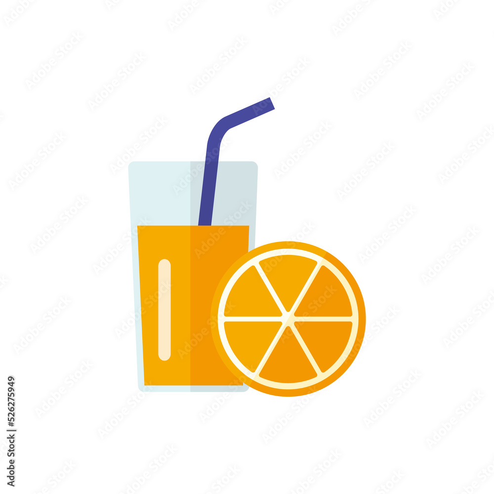 Orange juice icon, drink glass and fruit illustration.