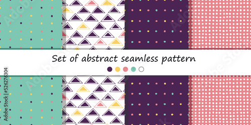 Set of abstract seamless pattern with dots, triangles. Hand drawn elements. 