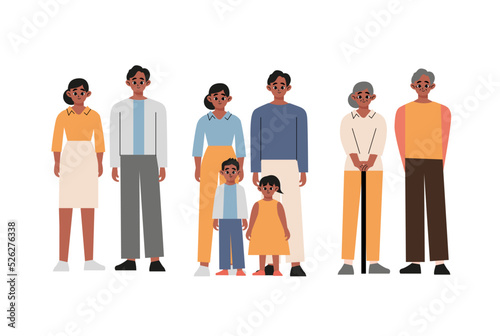 Big Happy African Family Characters Father, Mother, Grandparents and Children Hugging, Holding Hands. Loving Parents and Kids Bonding, Relations, Relaxed Sparetime. Cartoon People  Flat vector