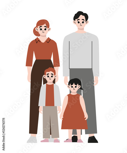 Happy family. Man, a woman and children stand side by side and hug each other. The concept of friendship, happiness and family values. Flat vector illustration isolated on white background