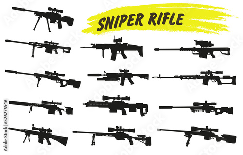 Modern sniper rifles set. Hunting rifle with optical sight, sniper rifle, vector illustration.