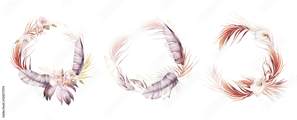 Fototapeta premium Watercolor tropical wreaths set, invitation design for wedding or greeting card. Floral frames with palm leaves, tropical blooms. . High quality illustration