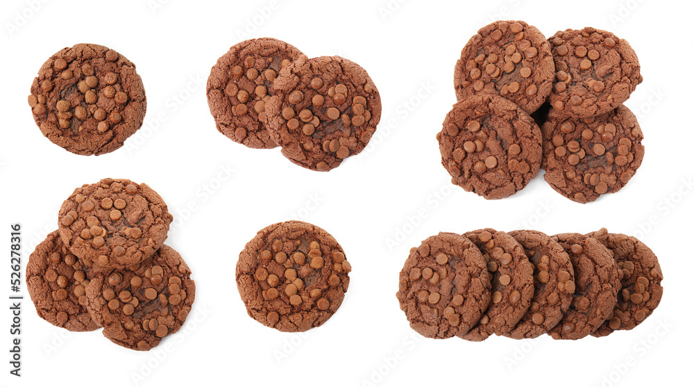 Set with delicious chocolate chip cookies on white background, top view Set with delicious chocolate chip cookies on white background, top view