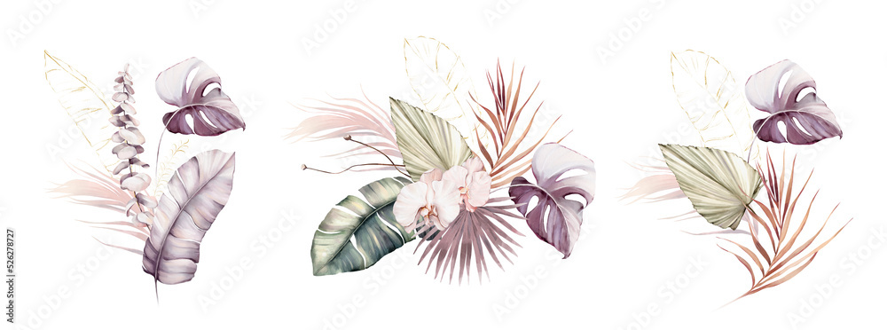 Watercolor summer invitations bouquets with hand painted tropical pink flowers, branches of violet, brownleaves. Romantic floral bouquet perfect for wedding greeting cards, invitation and more. High Watercolor summer invitations bouquets with hand painted tropical pink flowers, branches of violet, brownleaves. Romantic floral bouquet perfect for wedding greeting cards, invitation and more. High