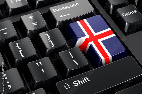 Icelandic flag painted on computer keyboard. Online business, education, shopping in Iceland concept. 3D rendering