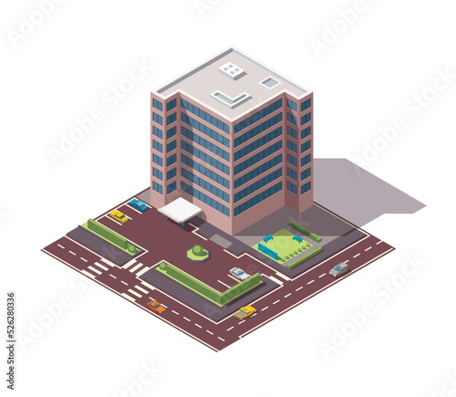 Offices isometric. Town apartment building with street and cars for city map creation. Infographic element. City house composition with roads