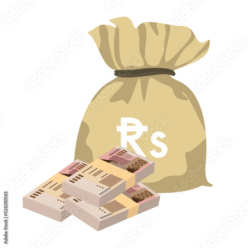 Pakistan Rupee Vector Illustration. Pakistani money set bundle banknotes. Money bag 5000 PKR. Flat style. Isolated on white background. Simple minimal design.