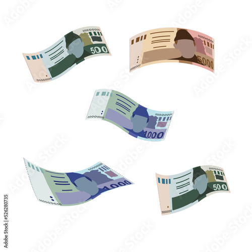Pakistan Rupee Vector Illustration. Pakistani money set bundle banknotes. Falling, flying money 500, 1000, 5000 PKR. Flat style. Isolated on white background. Simple minimal design.