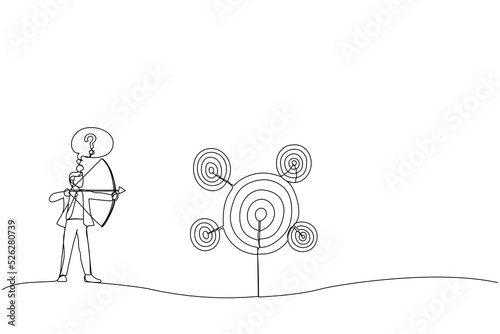 Illustration of businessman with bow and arrow look at multiple targets and can not decide which target to shoot at. Metaphor for multitasking and priority. One line art style