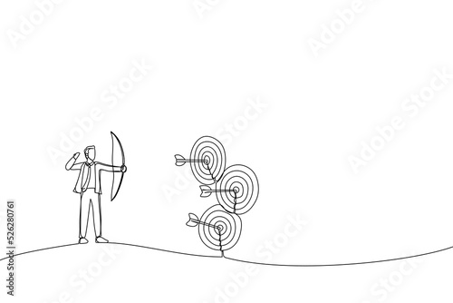 Illustration of businessman doing a perfect hit arrow target practice. One line art style