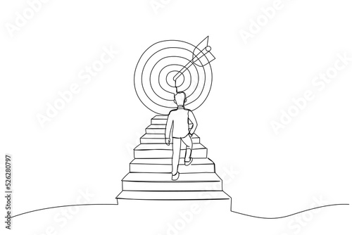 Drawing of businessman climbing stairs toward large target. One line style art