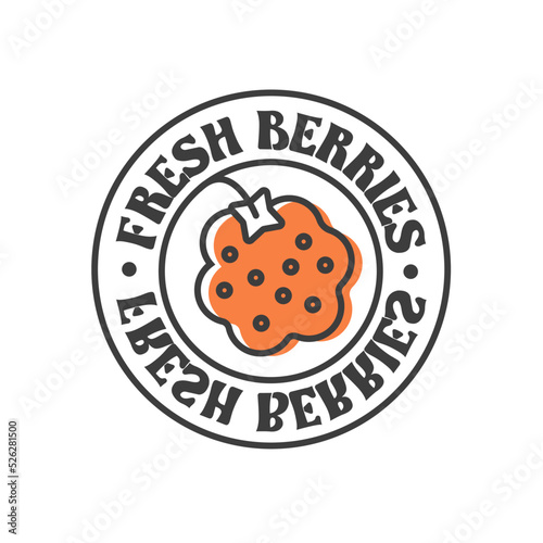 Fresh berries organic cloudberry label food sticker and element. Fresh berries inscription on cirle isolated on white background. Cute orange cloudberry icon. Grape logo	
