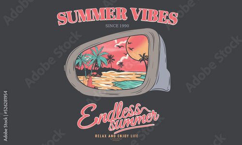 Summer vibes vector graphic print design for apparel, sticker, poster, background and others. Car looking glass t-shirt artwork design. Beach watercolor  artwork.