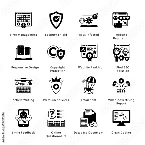SEO, Development and Marketing Glyph Icons - Solid, Vectors