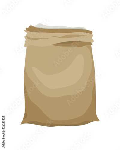 Burlap farmer bag for flour, rice or salt. Farm production in brown textile bale, opened with product inside. Cartoon vector icon isolated on white background