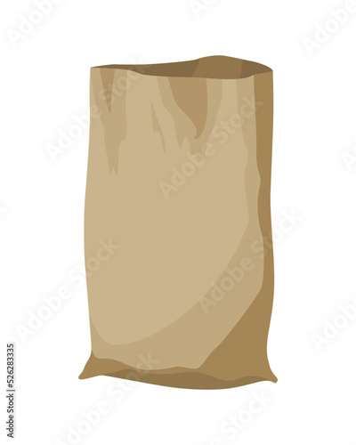 Burlap farmer bag for flour, rice or salt. Farm production in brown textile bale, opened with product inside. Cartoon vector icon isolated on white background