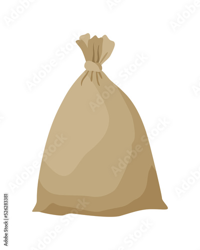 Burlap farmer bag for flour, rice or salt. Farm production in brown textile bale, closed with product inside. Cartoon vector icon isolated on white background