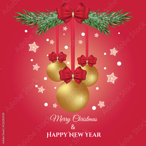 Christmas design with golden Christmas balls hanging on the Christmas tree. Design of a postcard, cover, invitation, packaging, poster