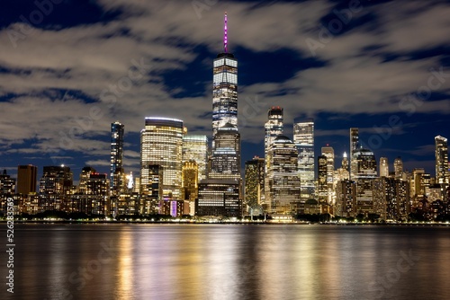 Low-angle view of Freedom Tower and modern buildings in NYC, USA photo