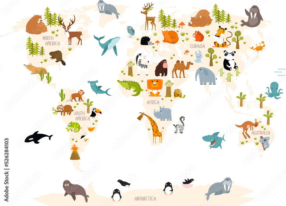 Obraz premium Print. Map of the world with cartoon animals for kids. Eurasia, South America, North America, Australia and Africa.