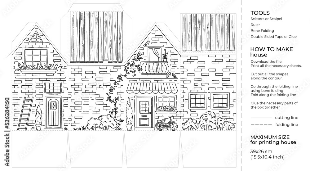 Kids craft paper house coloring page. Cut and glue cartoon 3D toy doll house. Printable template