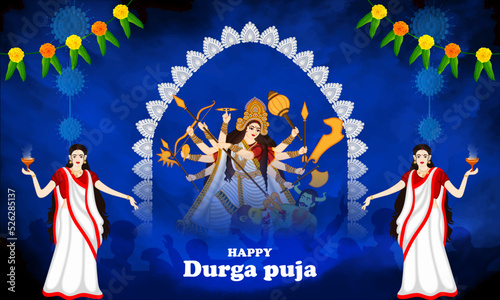 Illustration of lady dancing dhunchi and goddess Durga in happy Durga Puja and shubh Navratri Blue banner background.