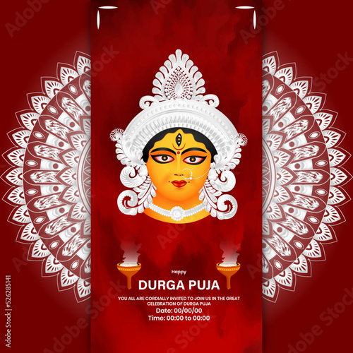 Illustration of Maa durga and dhunchi on traditional mandala background in Happy Durga Puja. photo