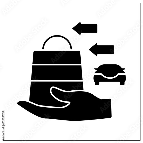 Curbside pickup glyph icon. Buying delivery. Assistant take parcel. Safety way to pick up order.Contact-free delivery concept.Filled flat sign. Isolated silhouette vector illustration