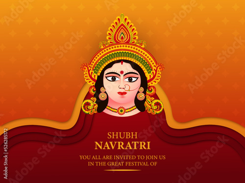 Happy Navratri, Beautiful vector illustration of goddess Maa Durga on Red paper cut background.
