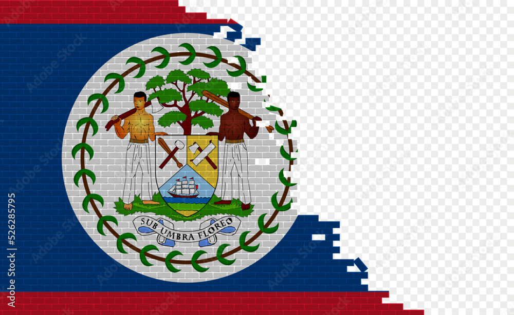 Obraz premium Belize flag on broken brick wall. Empty flag field of another country. Country comparison. Easy editing and vector in groups.