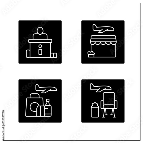 Airport terminal glyph icons set. Check-in counter,retail store, duty free shop, lounge. Transfer services concept. Filled flat signs. Isolated silhouette vector illustrations