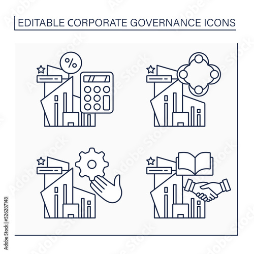 Corporate governance line icons set. Corporate tax rate, culture, code. Business concept. Isolated vector illustrations. Editable stroke