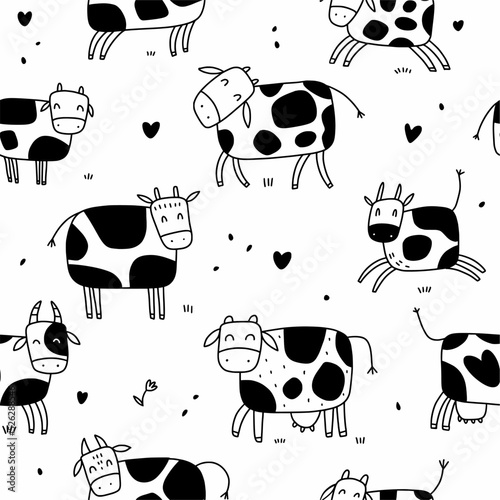Hand-drawn pattern of cute cows. Vector illustration of farm animals drawn in the style of doodles.