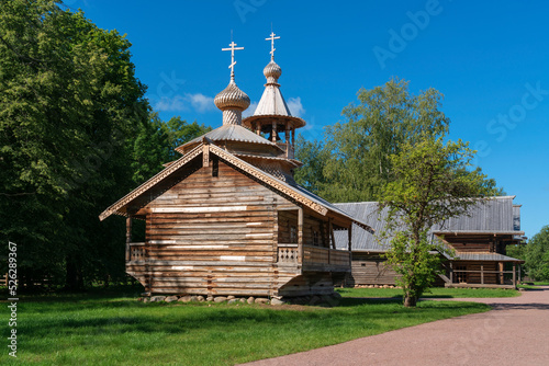 View of the chapel of Kirik and Iulita in the Novgorod Museum of Folk Wooden Architecture of Vitoslavlitsa on a sunny summer day, Veliky Novgorod, Russia