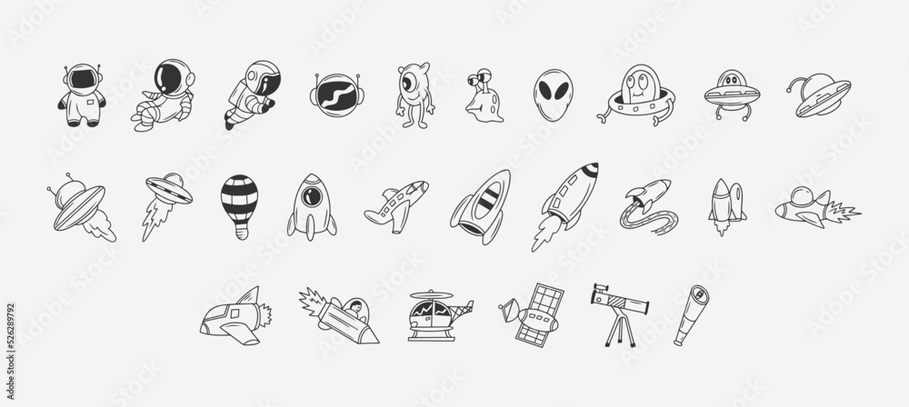 Set of cosmos vector. Icons of space elements black outline collection. Rocket, cosmonaut, telescope, alien. Vector illustration.