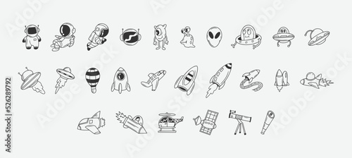 Set of cosmos vector. Icons of space elements black outline collection. Rocket, cosmonaut, telescope, alien. Vector illustration.