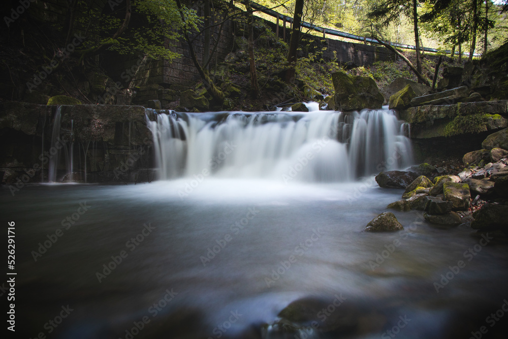 Famous Satiny waterfalls. Breathtaking, untouched nature around the water flowing down cascades creating mini waterfalls. Beskydy mountains, Czech republic, Central europe. Without human intervention